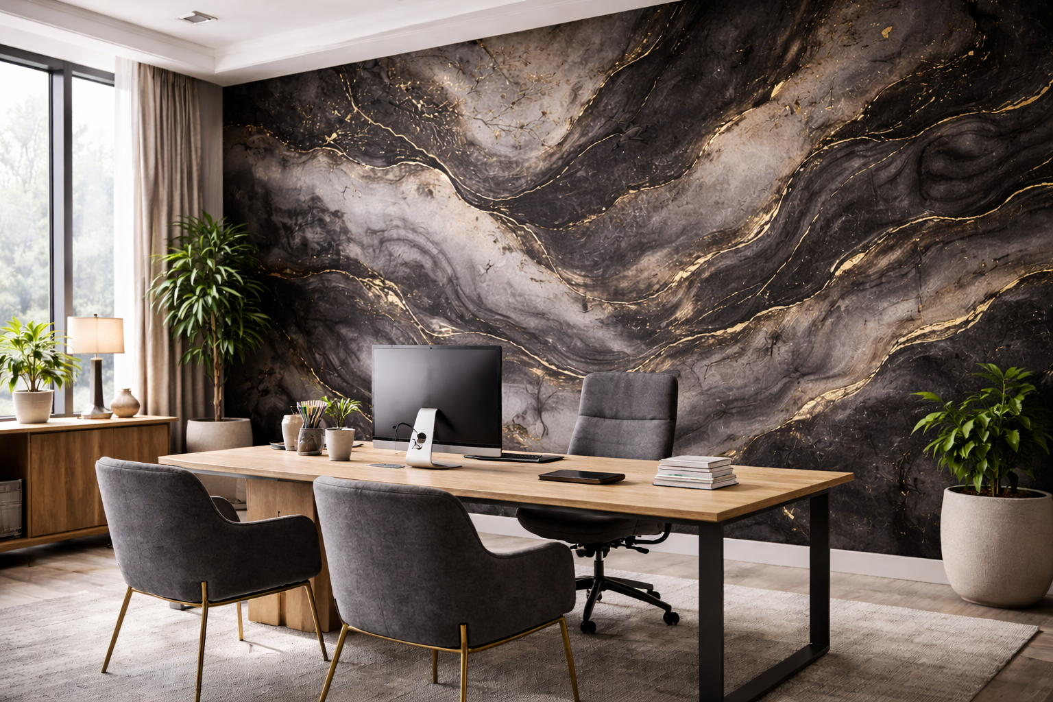 Large dramatic feature wall with designer wallcovering